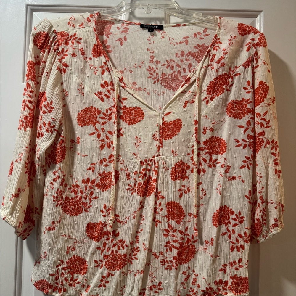 Rifle Paper Co Floral V-Neck Blouse - orange  and Cream